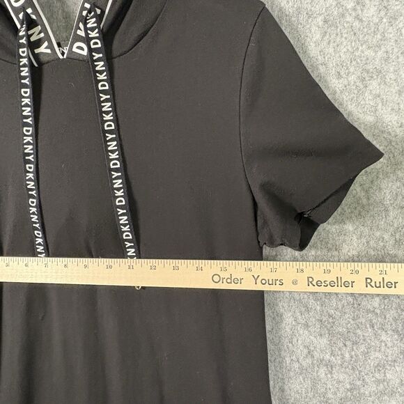 DKNY Athleisure Black Hooded Logo A Line Dress Sz Med Stretch Knit Short Sleeve - Picture 5 of 11